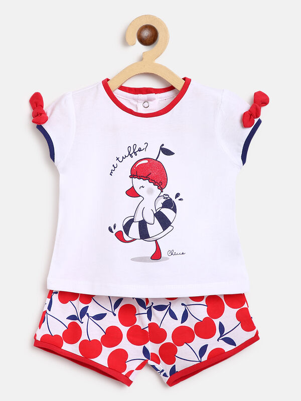 Girls White & Red Printed 2 Pc Set T-shirt with Short Trouser image number null